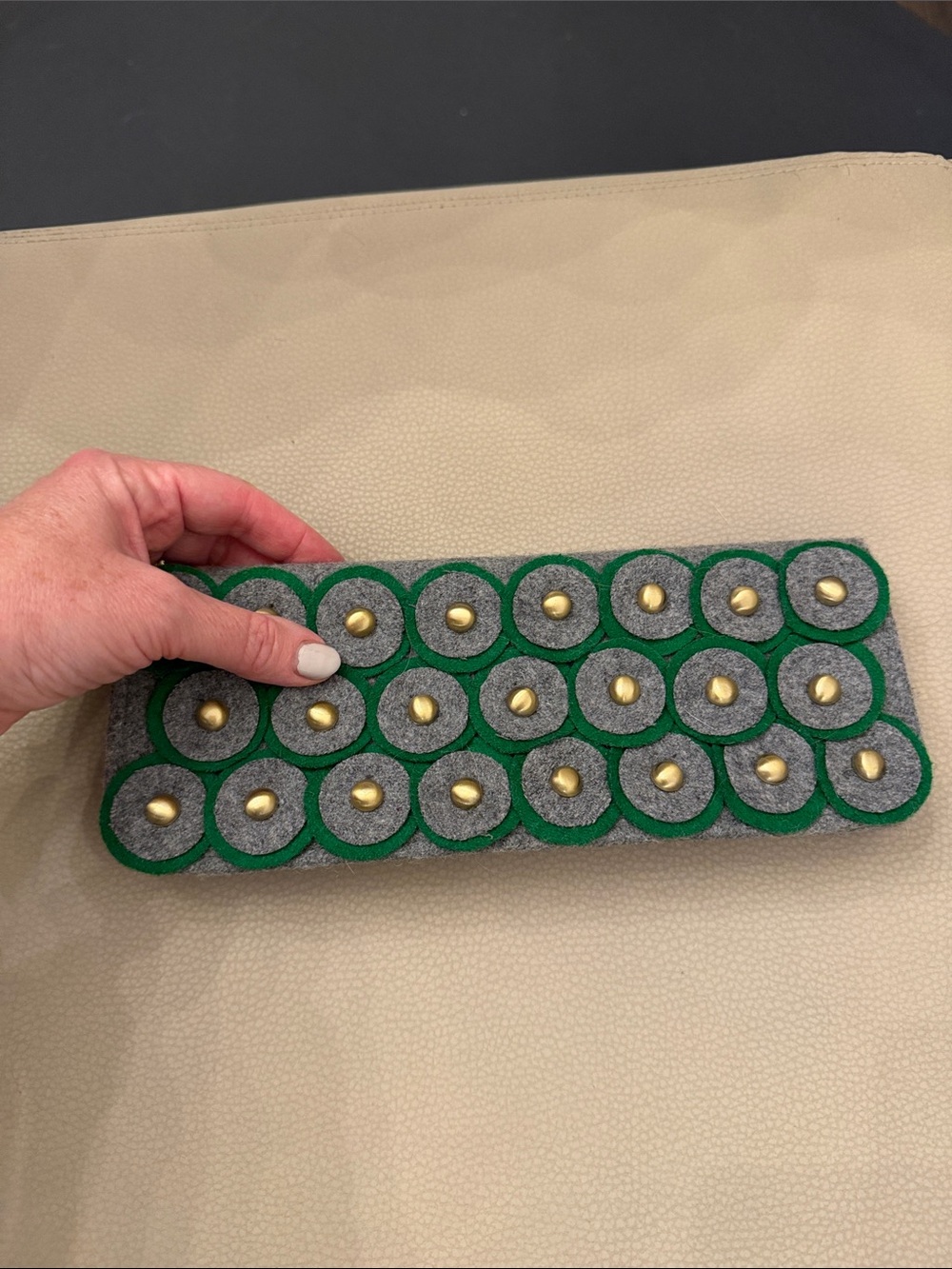 Green and Gray wool clutch with gold button accents